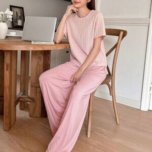 Leisure Jacquard Top & Wide Leg Pants Home Wear Set